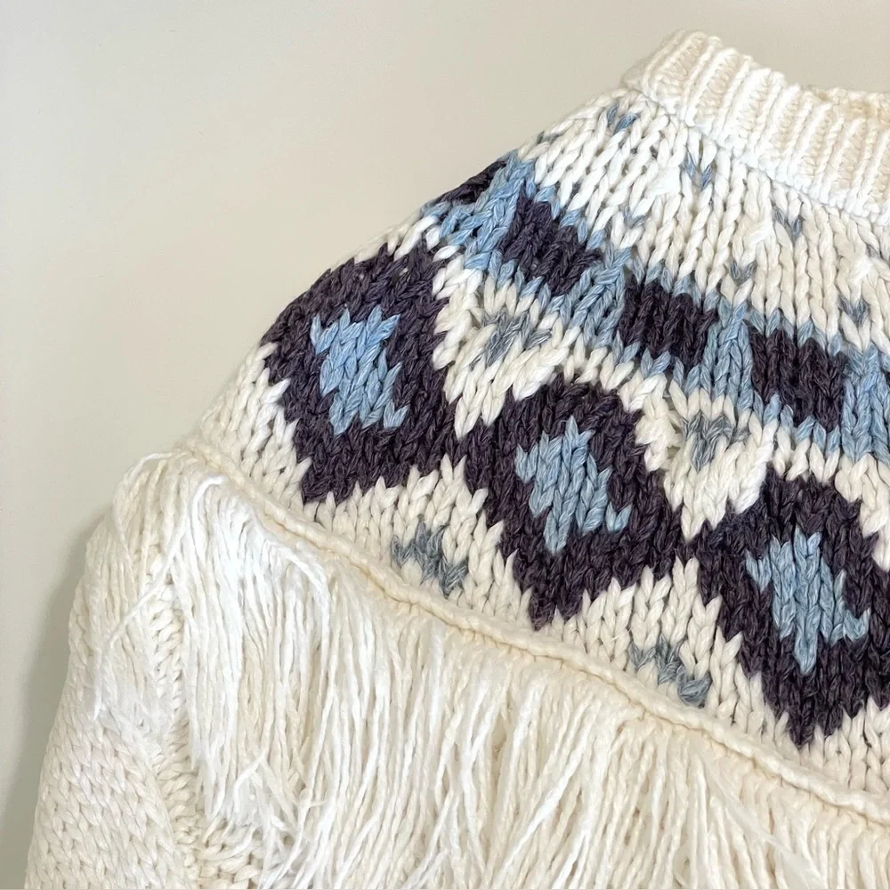 Vintage Nordic Fair Isle Fringe Yoke Cardigan Cable Knit Sweater 80s 90s Medium